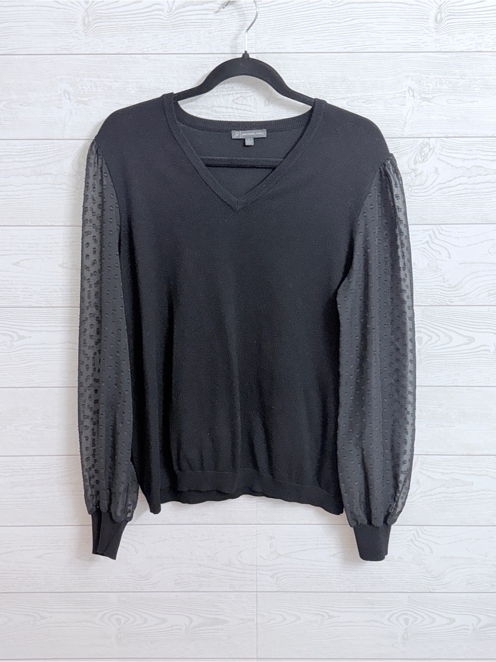 Adrianna Papell Women’s  V-Neck Black Sweater with Sheer Sleeves. Size L